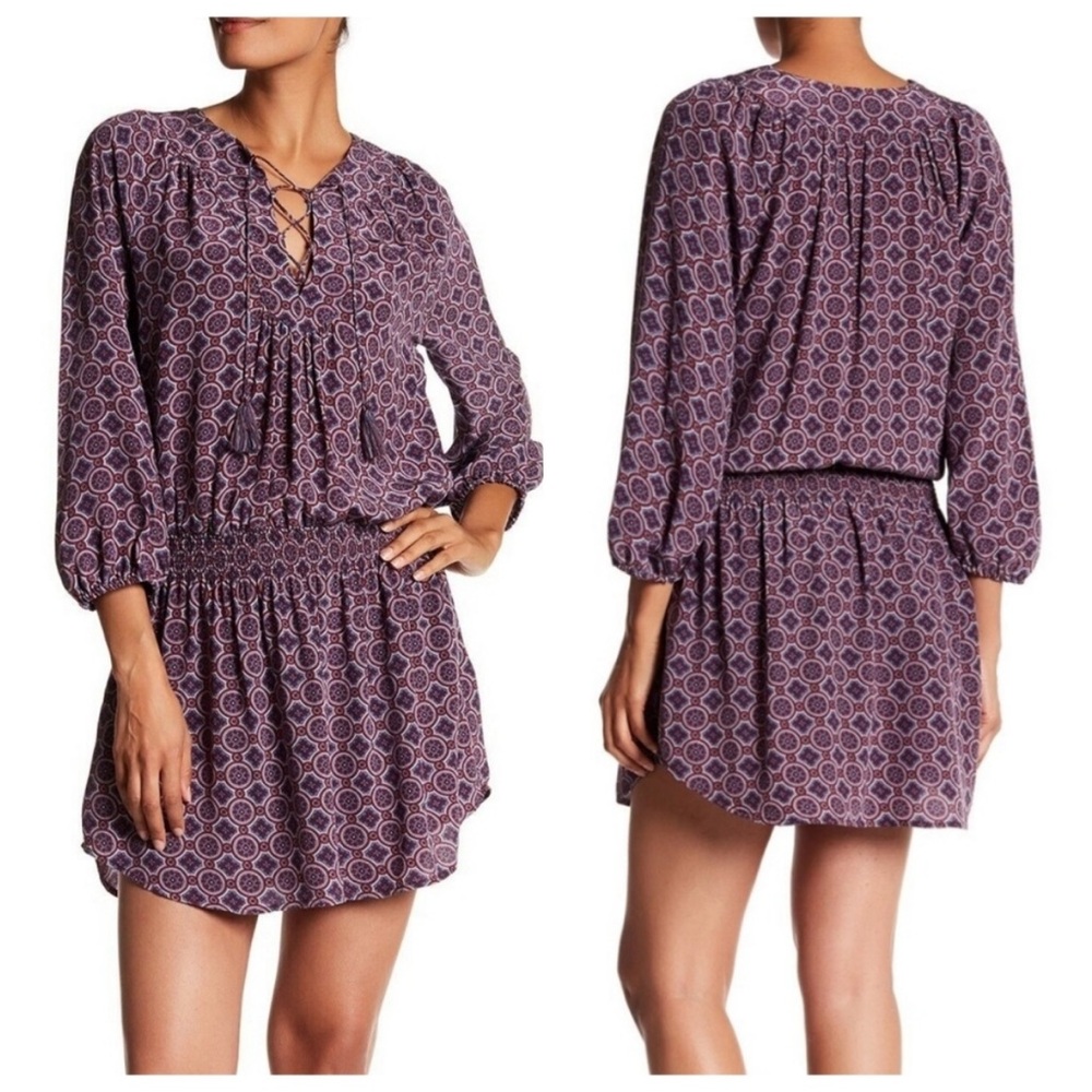 Joie Corra B Print 100% Silk Blouson Dress Burnt Current Lace Up Women’s Small